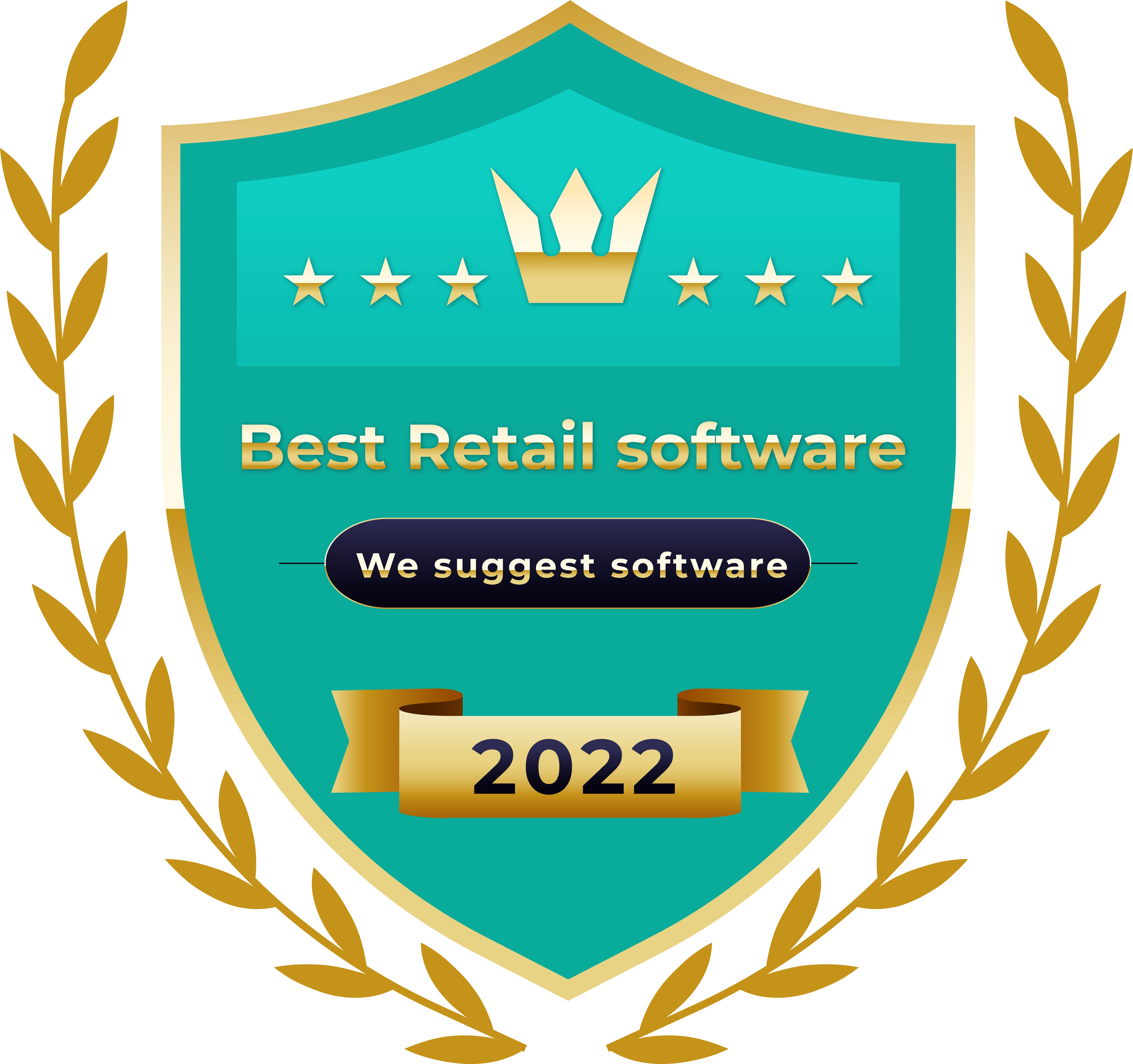 Shield with crown and laurel wreath, promoting retail software
